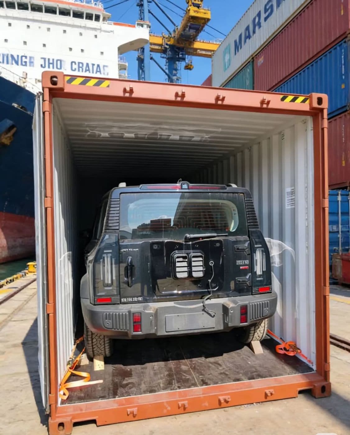 SUV secured in a 40 ft container