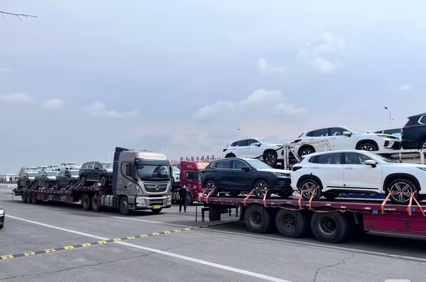 Car carriers queued at the port terminal